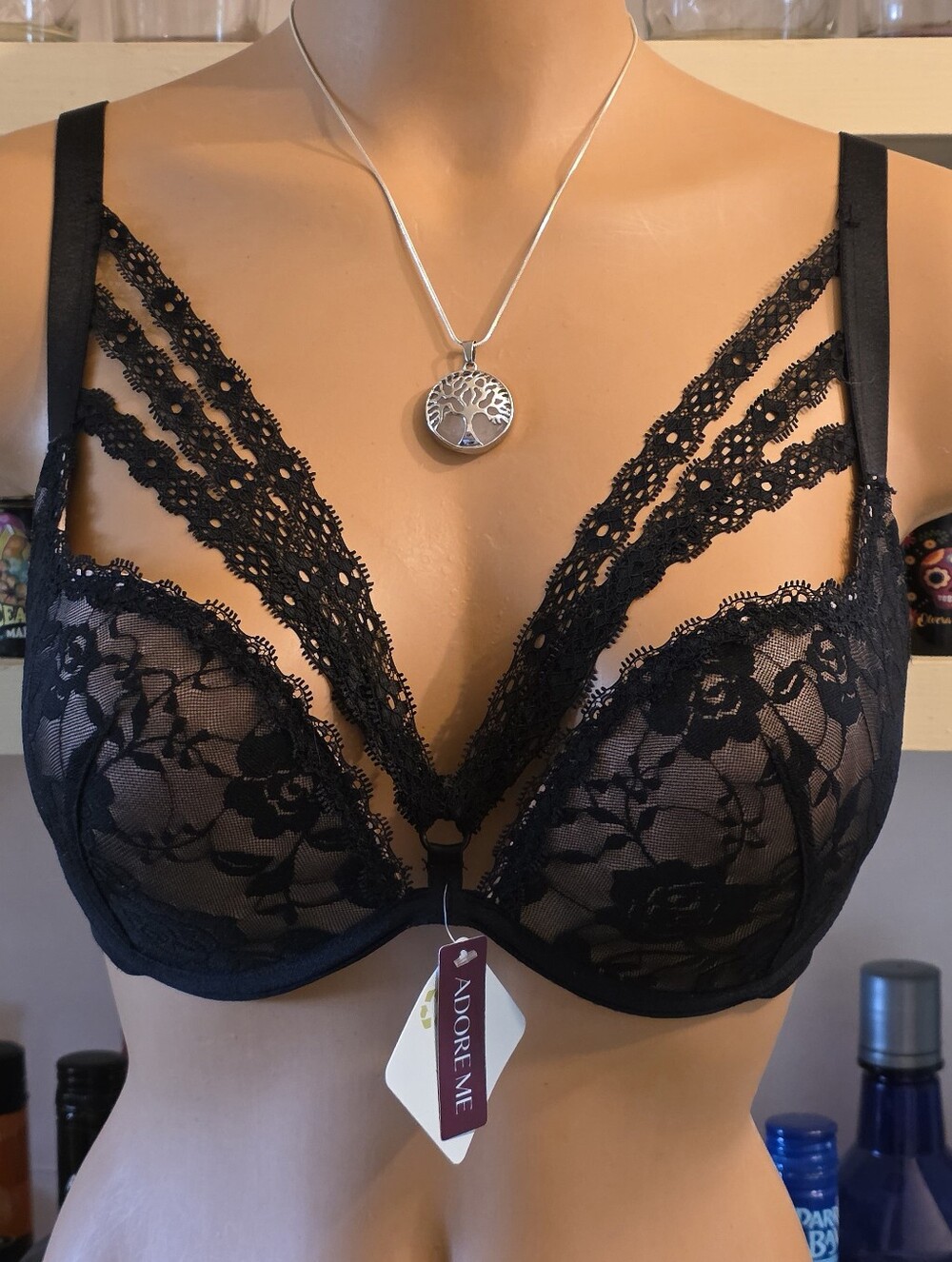 Adore Me Marcia Bra 36-D Black Lace Overlay Strappy Push-up Underwire NWT